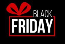 Black Friday sale banner with bold white text, red ribbon bow, and black background