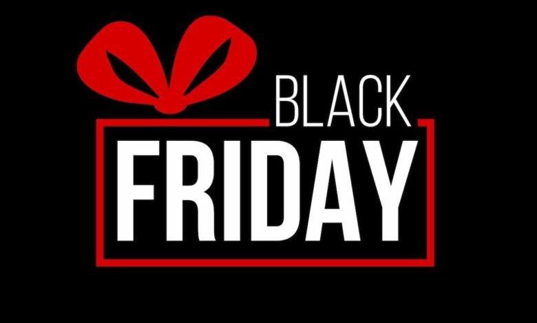 Black Friday sale banner with bold white text, red ribbon bow, and black background